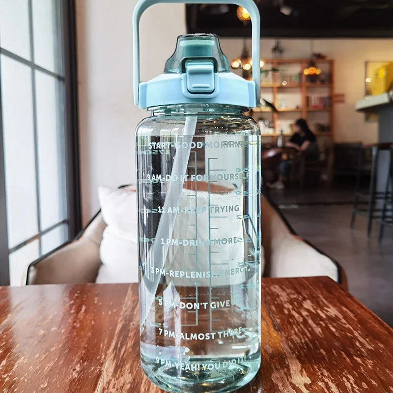2L Large Motivational Water Bottle with Straw & Time Markers for Fitness