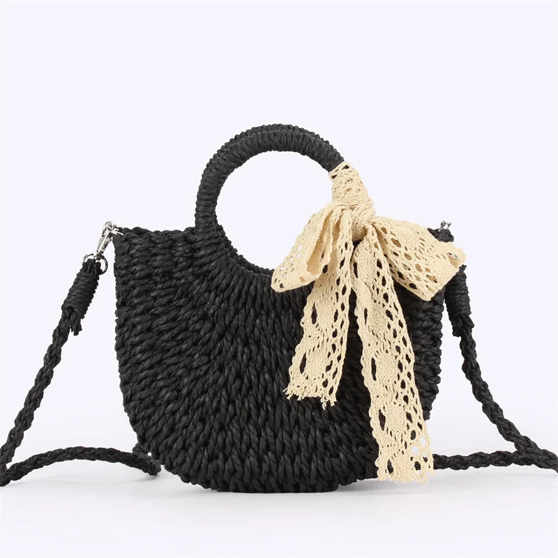 Luxury Lace Bow Straw Bag