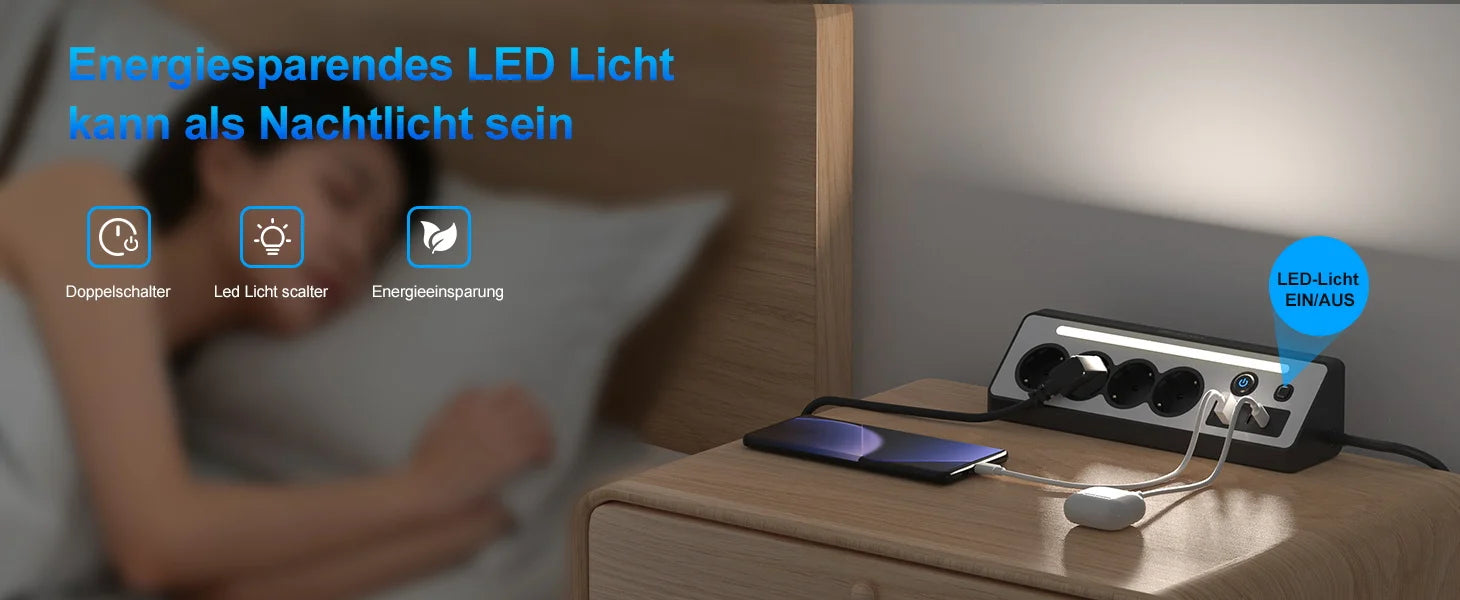 7-in-1 Wall Mount Power Strip with USB-C Fast Charging & LED Night Light - 8