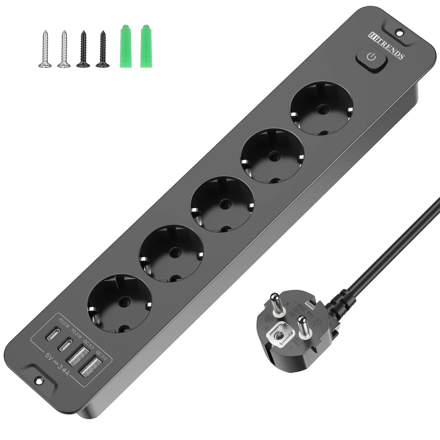 10-in-1 Recessed Power Strip with 20W USB-C PD & Fast Charging Wall Socket