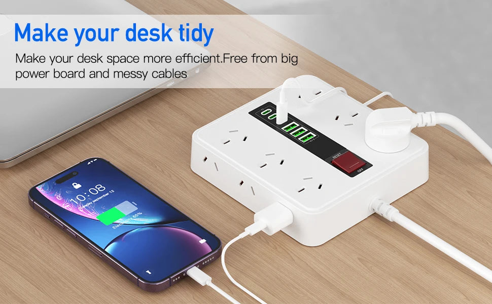 Australian Power Board: 12-Socket Extension Lead with 6 USB Fast Charger