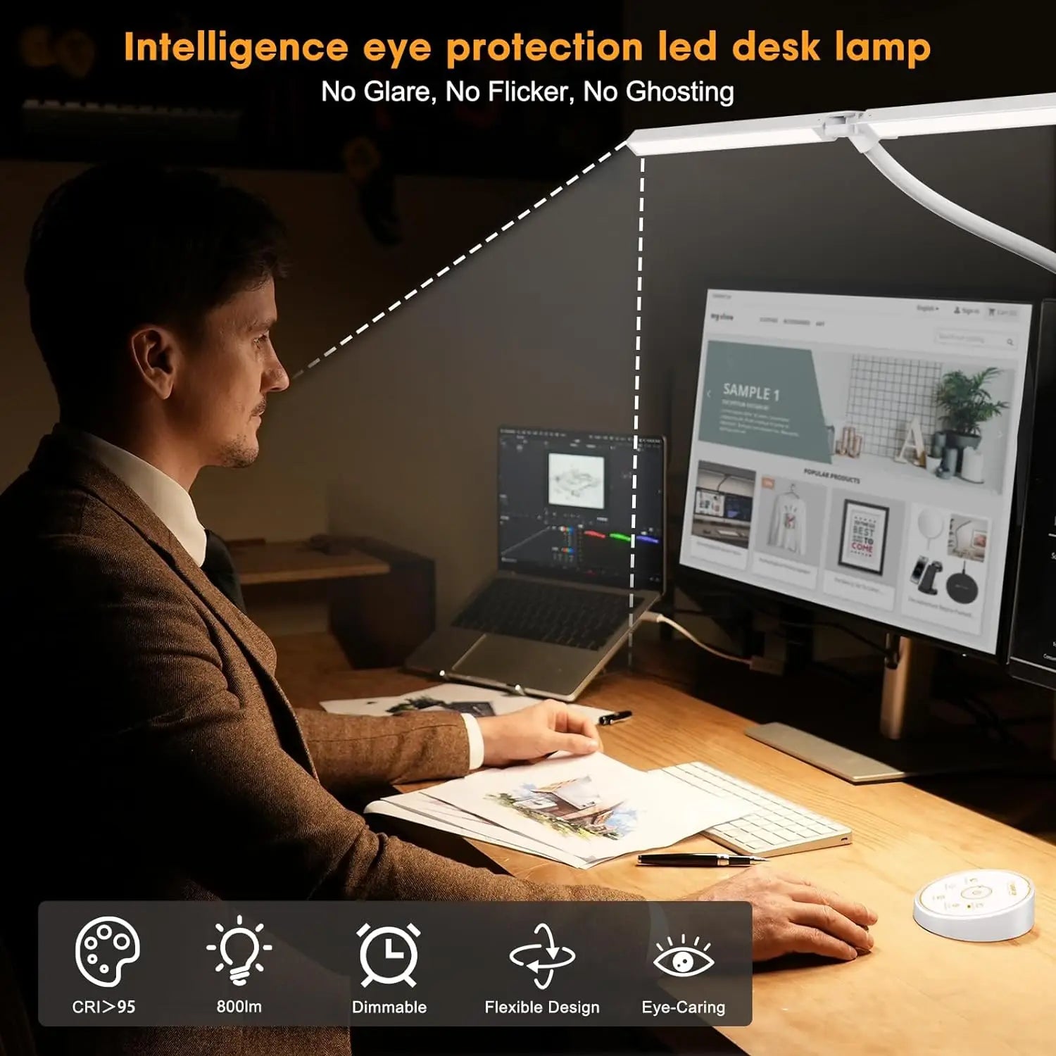 Double Head LED Architect Desk Lamp - Dimmable Office Light with Remote - 3