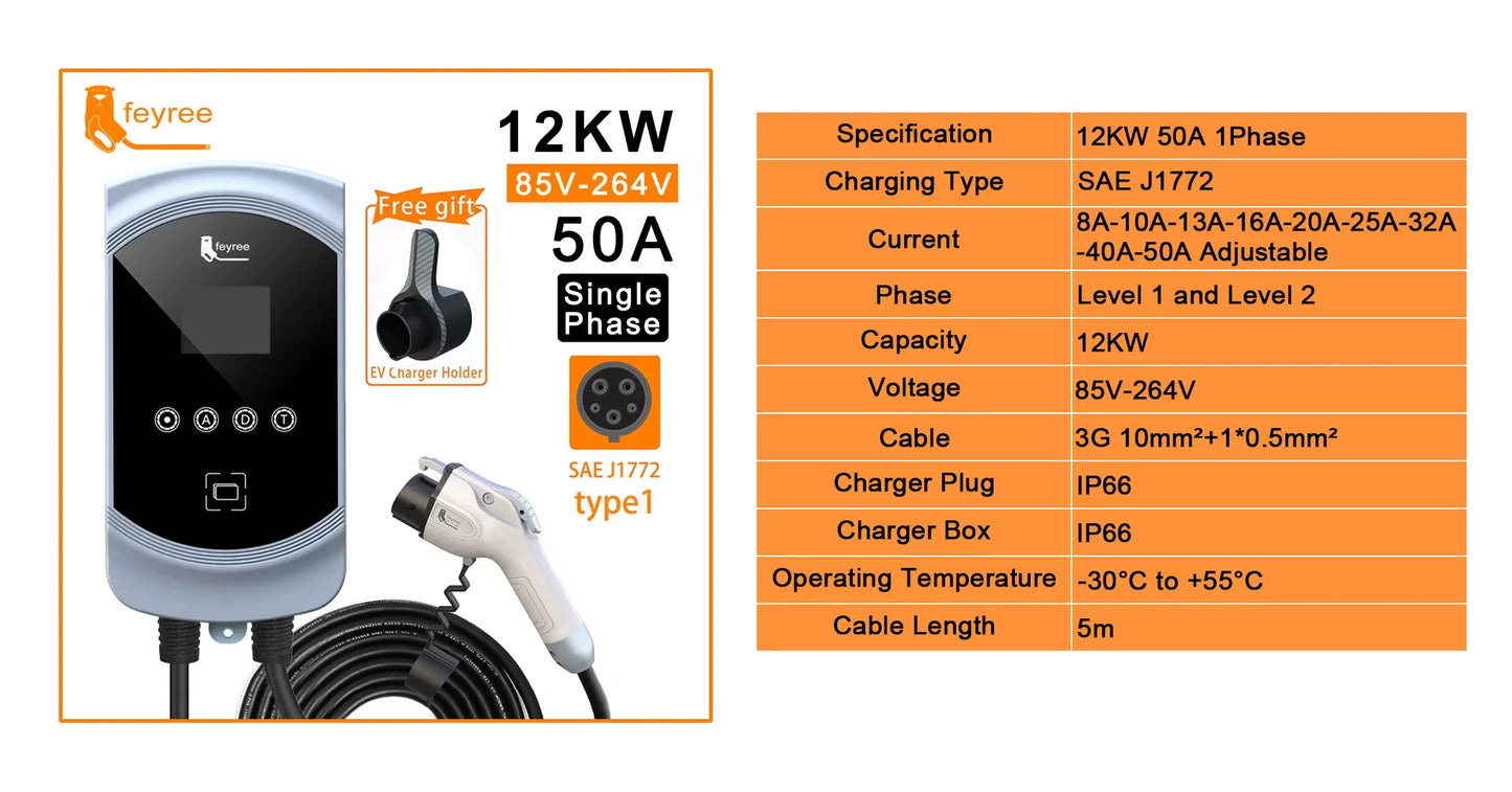 50A 12KW Type 1 EV Charging Station - Fast Home Electric Vehicle Charger