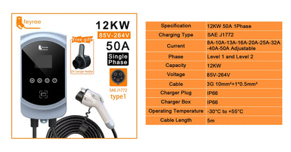 50A 12KW Type 1 EV Charging Station - Fast Home Electric Vehicle Charger