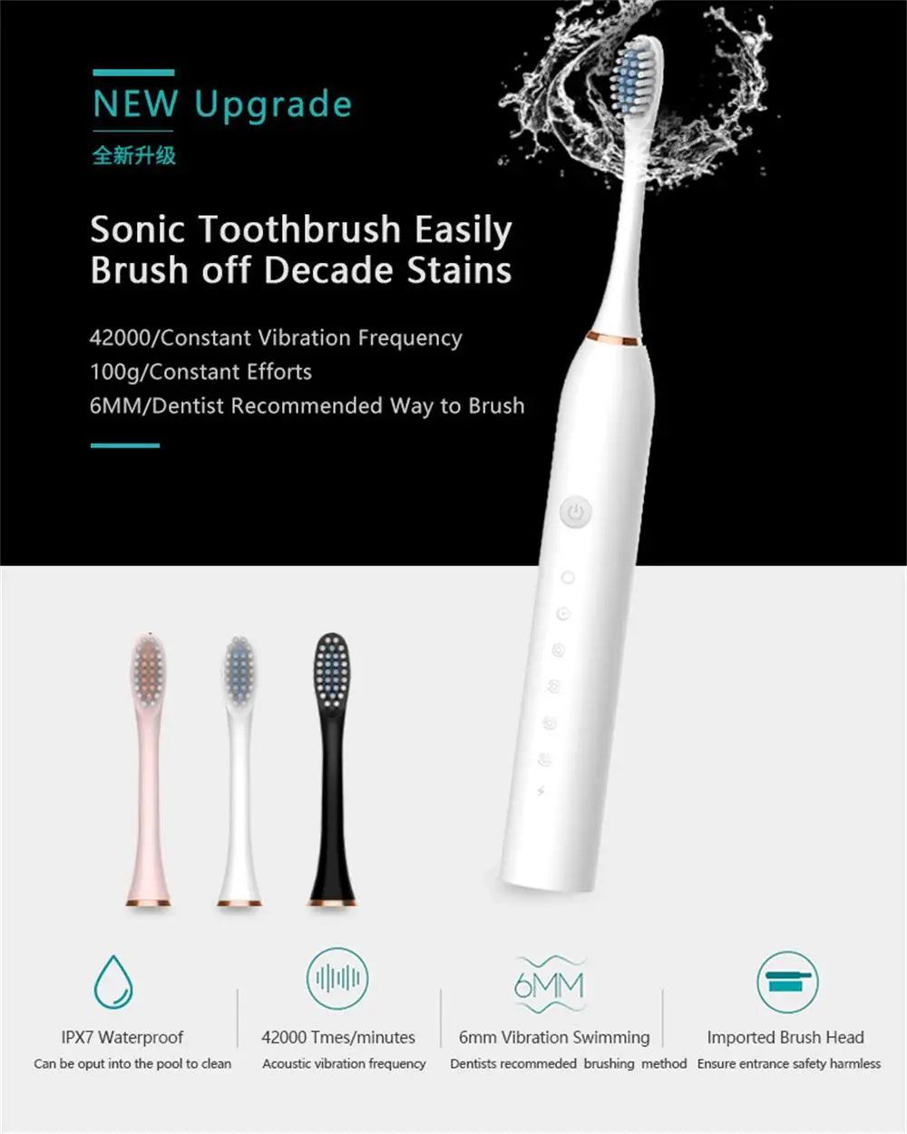 Rechargeable Electric Toothbrush for Adults IPX7 Waterproof 6 Modes