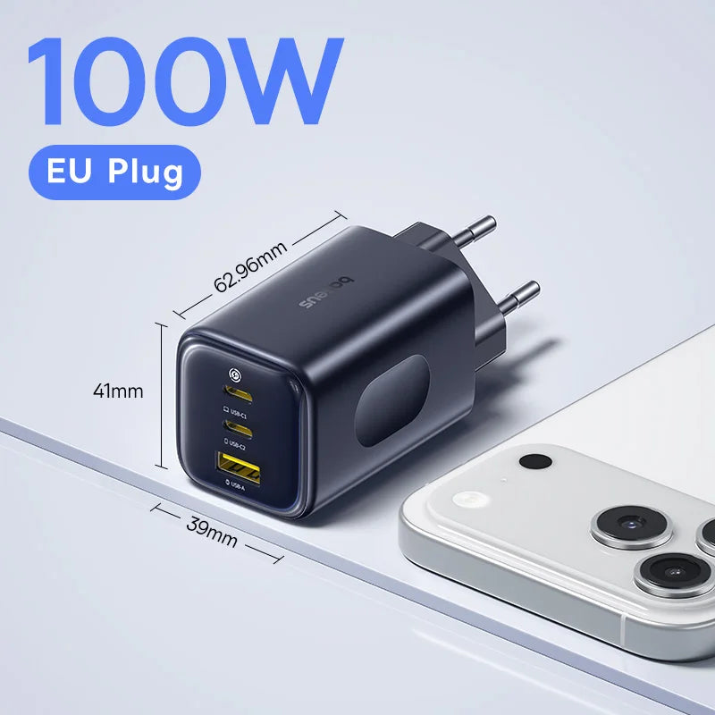100W GaN Fast Charger - 3-Port USB-C Laptop & Phone Power Adapter - 27
