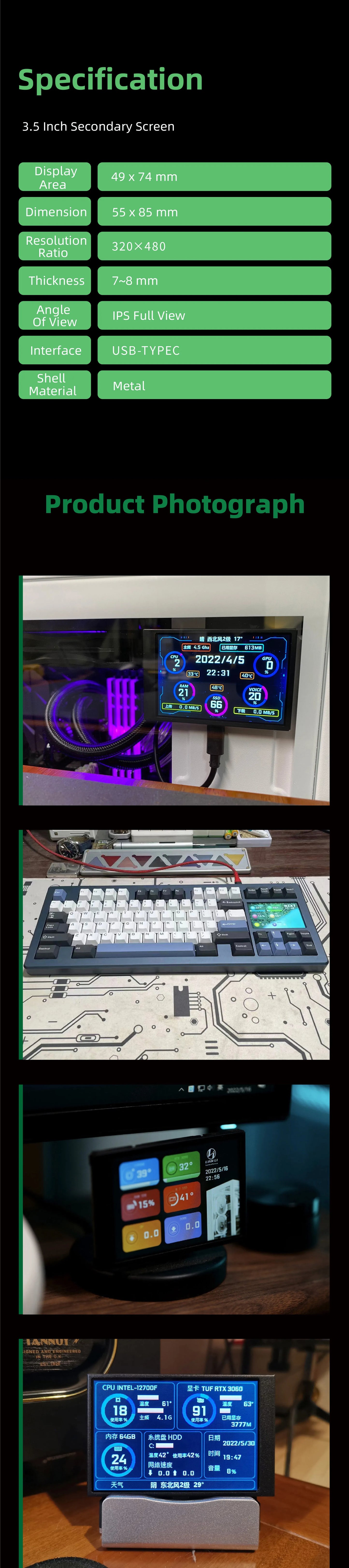 3.5" IPS PC Hardware Monitor - Real-Time CPU GPU RAM Temperature Display