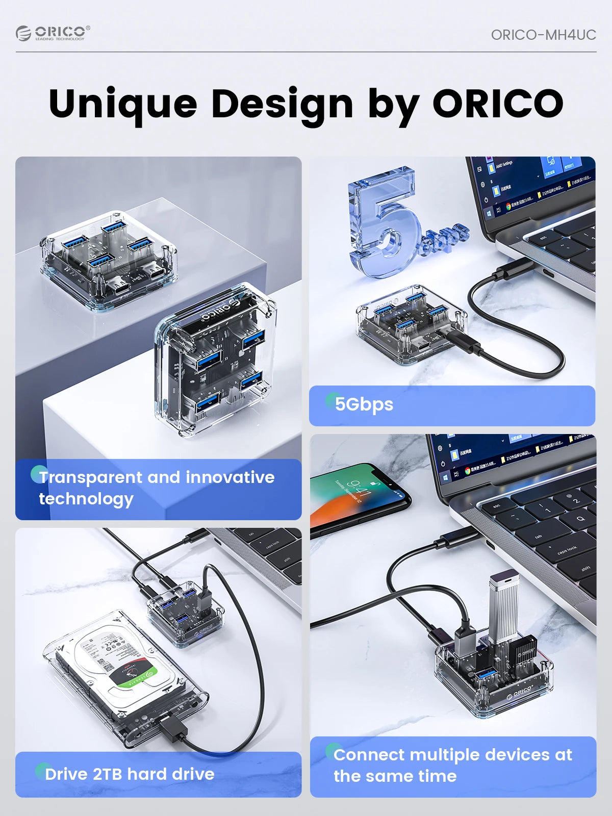 ORICO 4-Port USB-C Hub - High-Speed 5Gbps Data Transfer & Power Supply