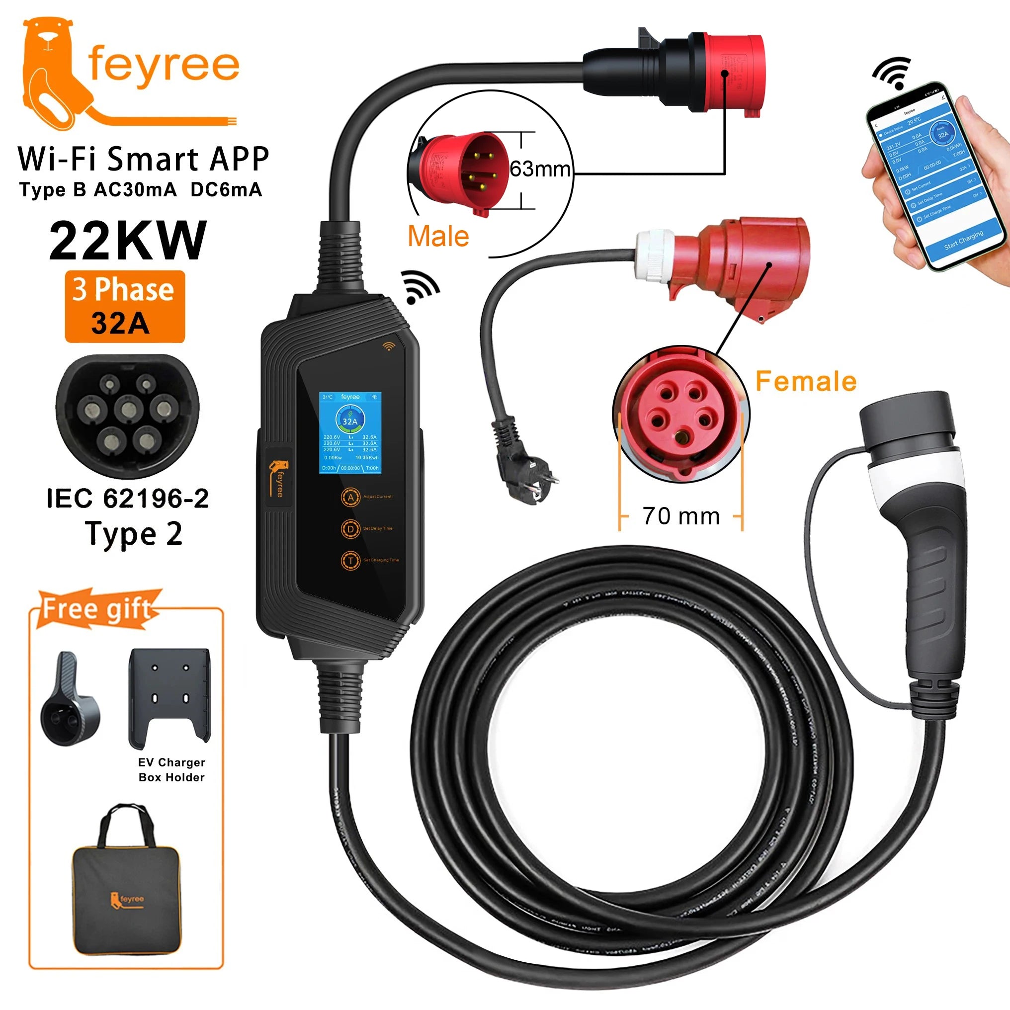 22KW 3-Phase Portable Type 2 EV Charger with App Control & Wi-Fi - 33
