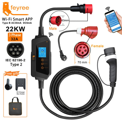 22KW 3-Phase Portable EV Charger - Adjustable 32A Type 2 Fast Charger