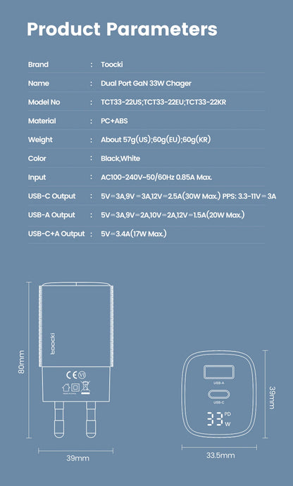 33W GaN Digital Display Fast Charger - USB-C & USB-A Dual Port Power Adapter