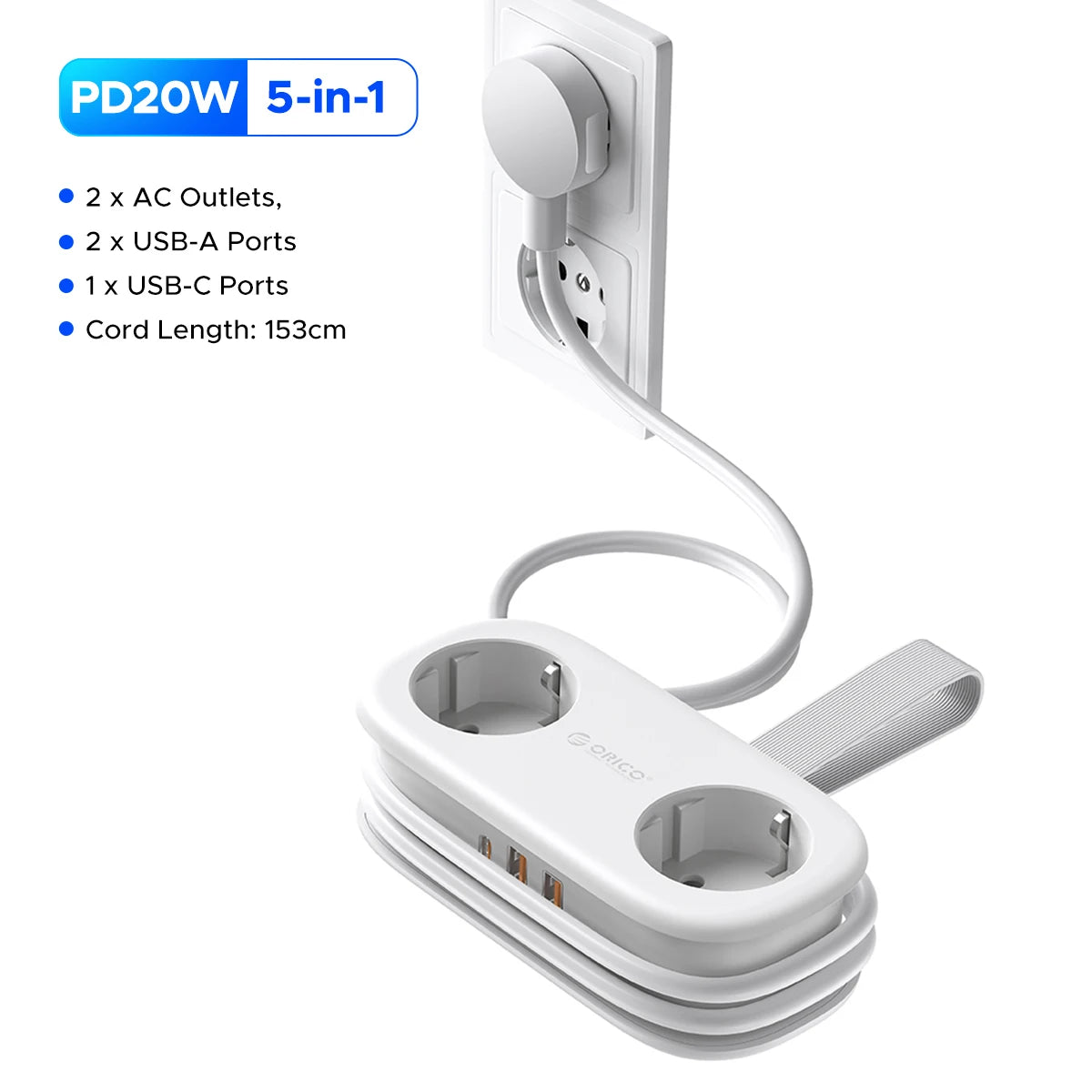Compact 5-in-1 Travel Power Strip with PD 20W Fast Charging & USB-C - 15