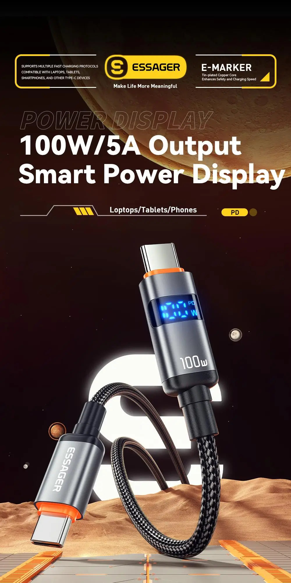 100W USB-C to USB-C Fast Charging Cable with LED Display - 7