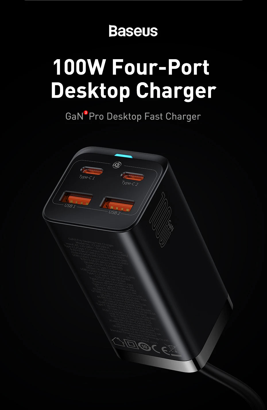 Baseus 100W/65W GaN3 Pro Desktop Fast Charger Station for Laptops & Phones - 8