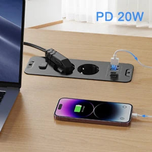 Desktop Recessed Power Strip - Built-in 3 AC Sockets, USB & PD 20W Type-C