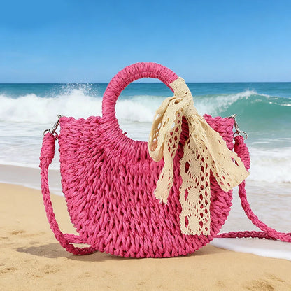 Luxury Lace Bow Straw Bag