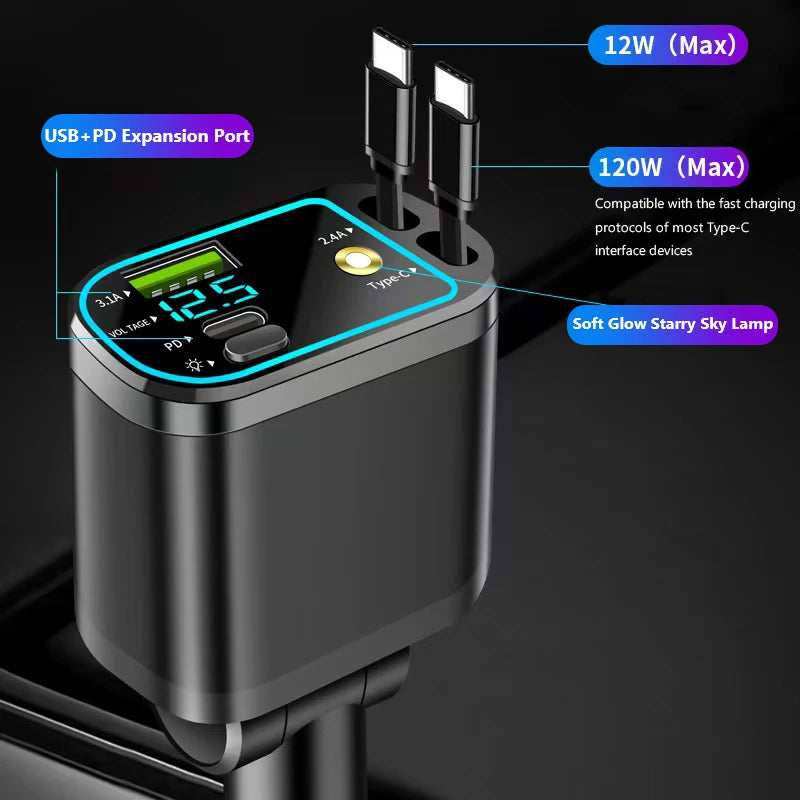 5-Port Car Charger with Fast Charging & Ambient Starry Light
