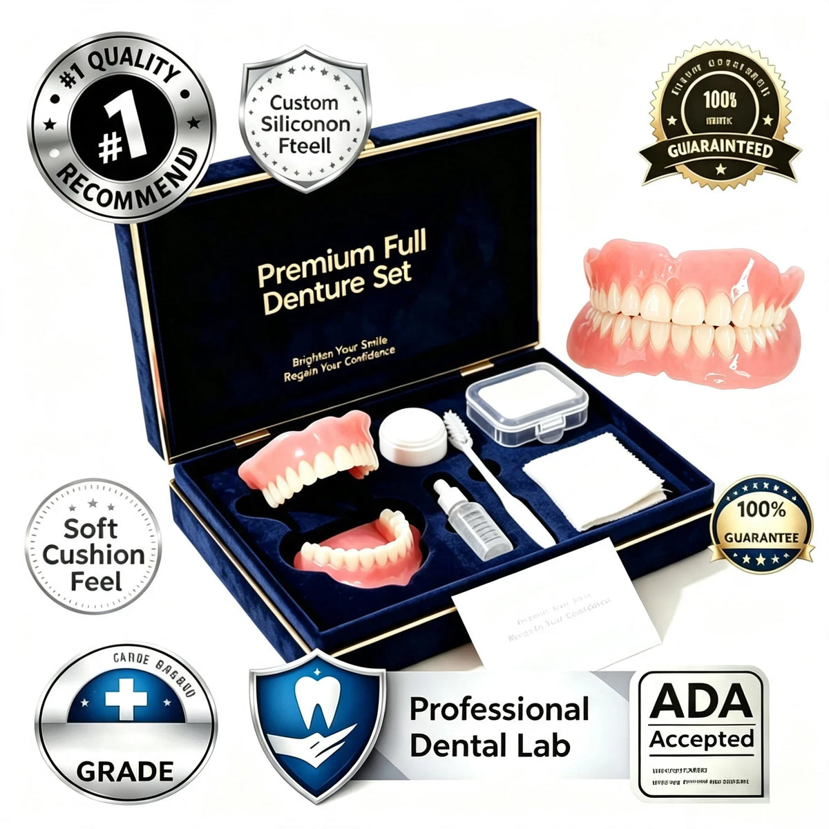 Full Mouth Denture Set with Premium Storage Case and Dental Cleaning Tools