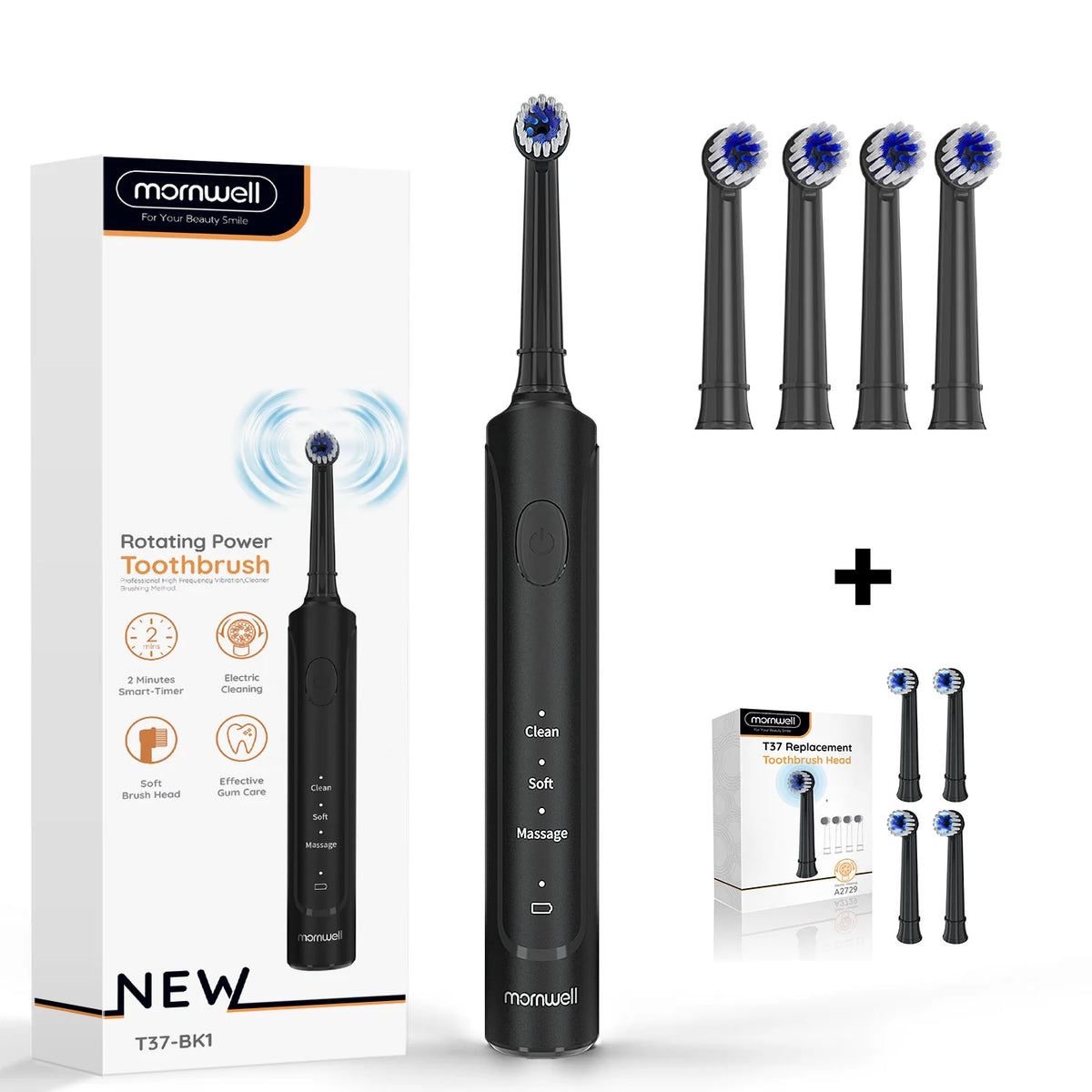Rechargeable Sonic Electric Toothbrush with 3 Cleaning Modes & 4 Replacement Heads