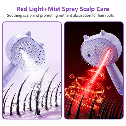 Electric Mist Spray Massage Hair Comb with Red Light Therapy & Detangler
