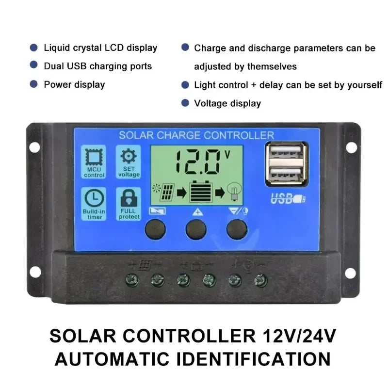12V/24V PWM Solar Charge Controller with LCD Display & Dual USB Ports