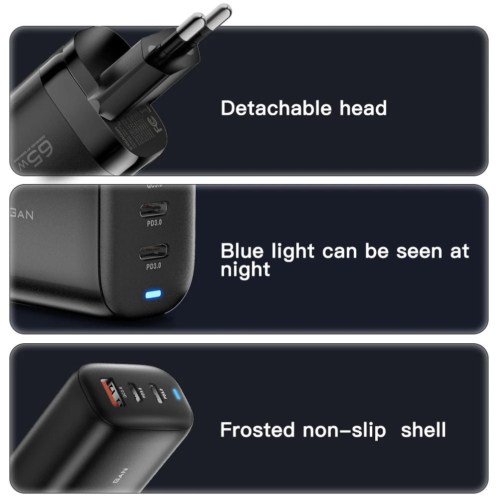 65W GaN Fast Charger - Triple Port USB-C Wall Charger for Laptop & Phone