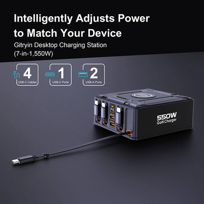 550W 7-in-1 GaN Fast Charging Station with 100W Retractable Cables
