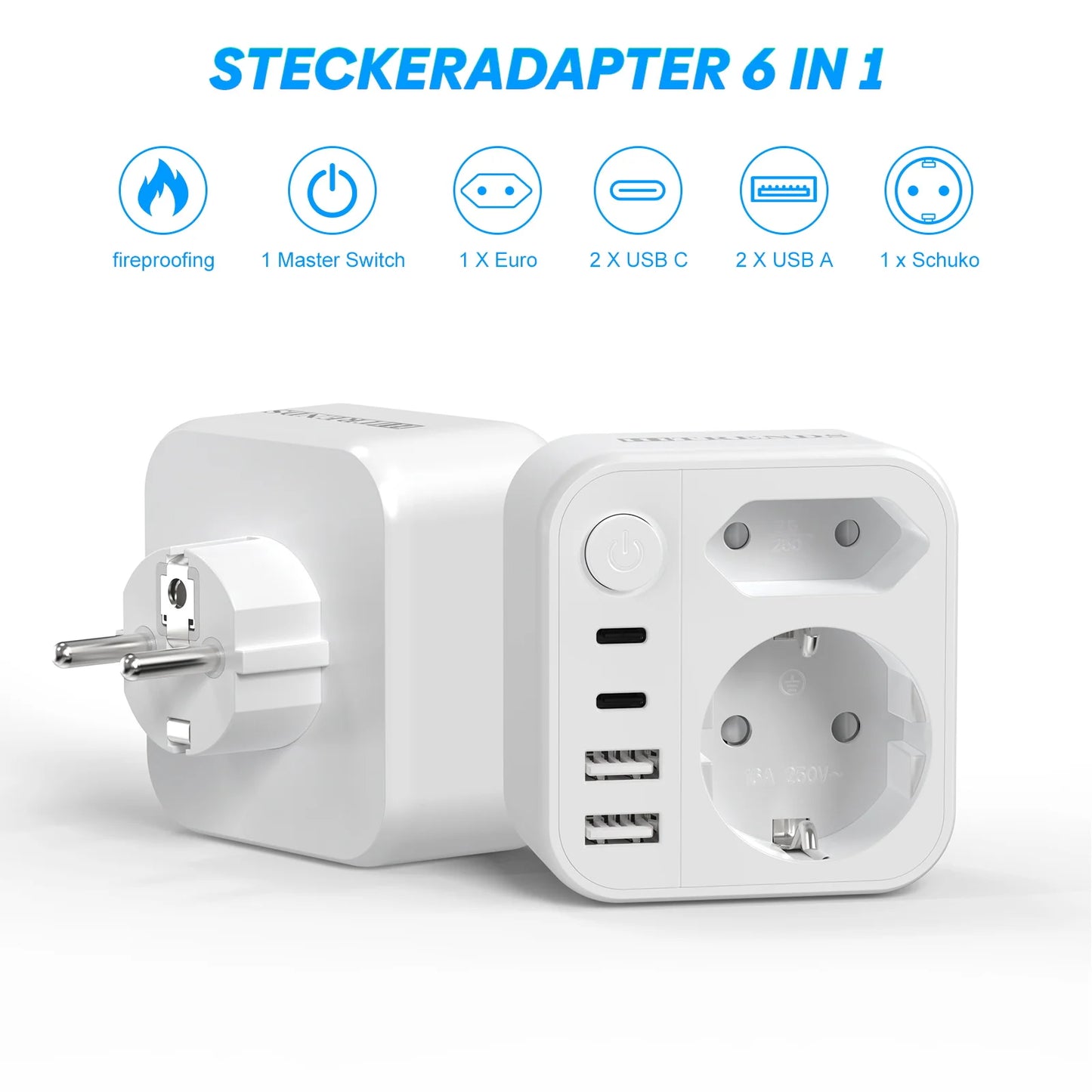 6-in-1 European Travel Power Adapter with 17W Fast USB-C & USB-A Charging
