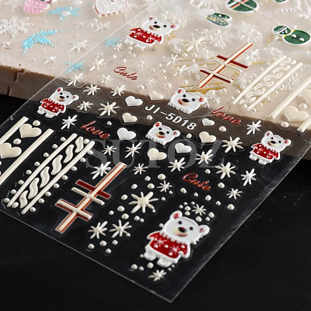 5D Embossed Christmas Nail Art Stickers - Winter Holiday Snowflake & Santa Decals - 4