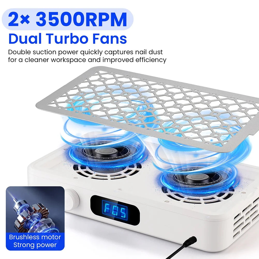 Twin Turbo Brushless Nail Dust Collector - 5 Speed Vacuum Extractor - 2