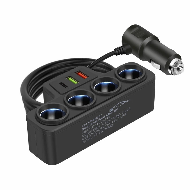120W Super Fast Car Charger with 4-Port USB C Multi-Device Adapter