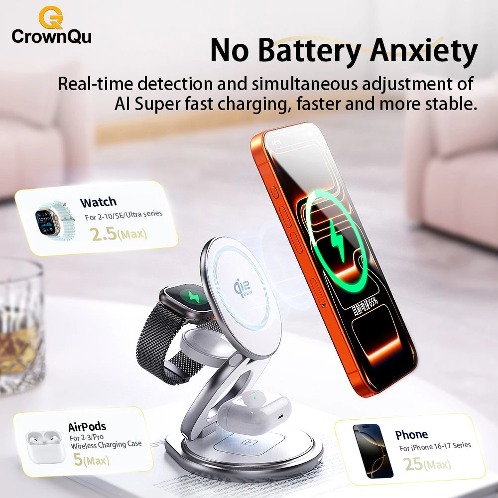Qi2.2 25W 3-in-1 Magnetic Wireless Charging Station for iPhone & Watch
