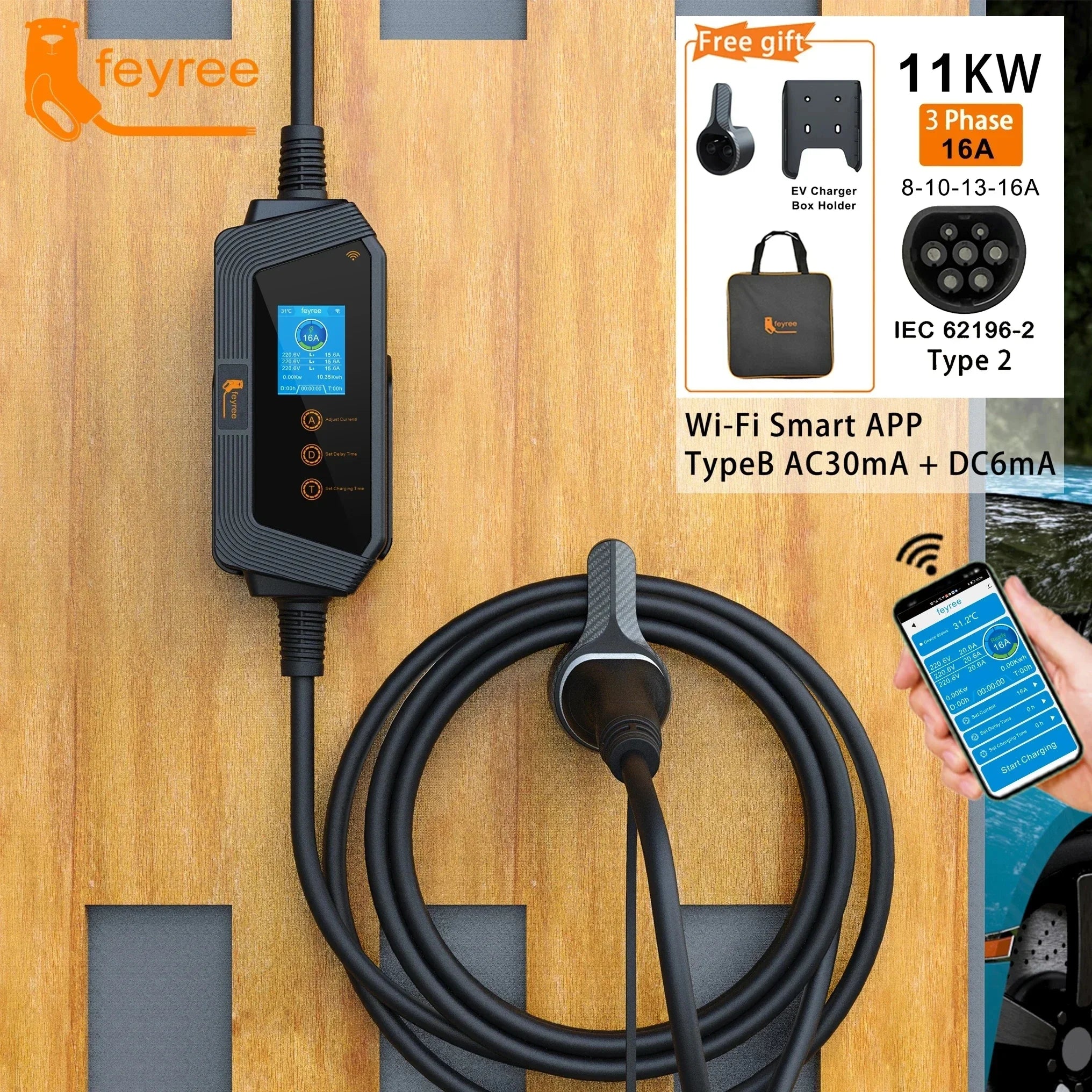 11KW Portable EV Charger Type 2, Wi-Fi App Control, 16A Fast Charging - 6