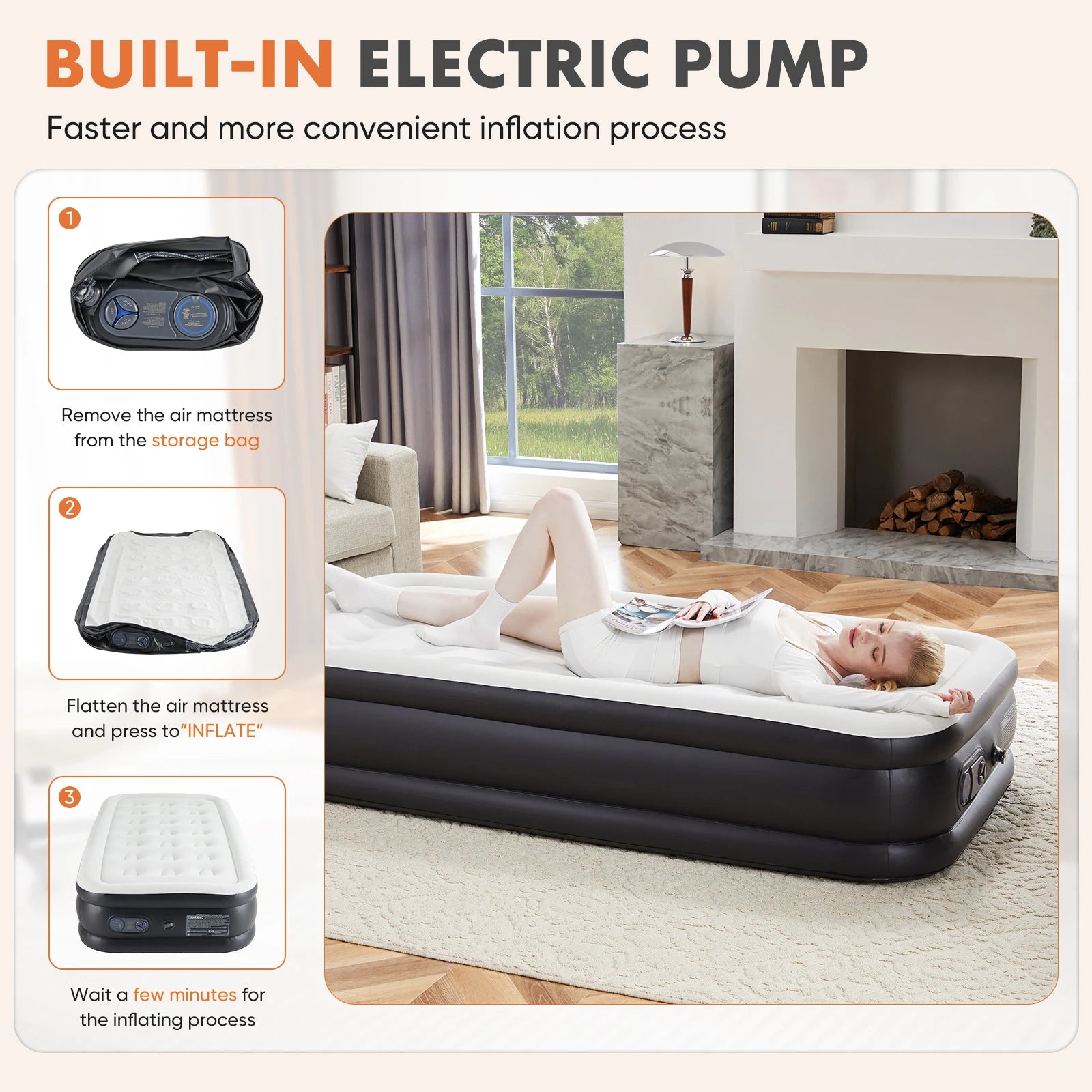 Premium Queen Size Air Mattress with Built-in Electric Pump & Flocked Top - 16