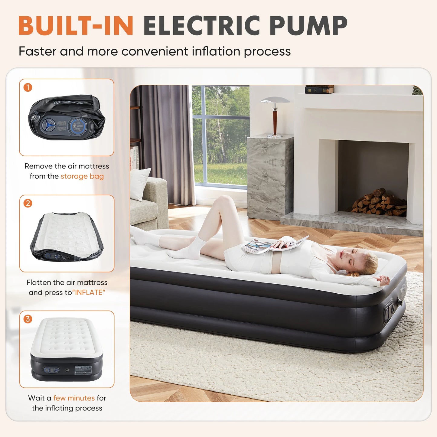 Premium Queen Size Air Mattress with Built-in Electric Pump & Flocked Top