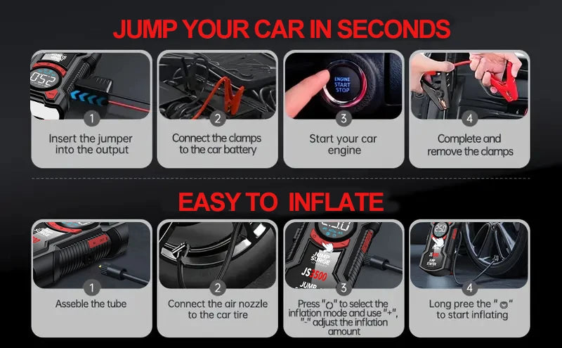 4-in-1 Portable Car Jump Starter with Tire Inflator & Power Bank