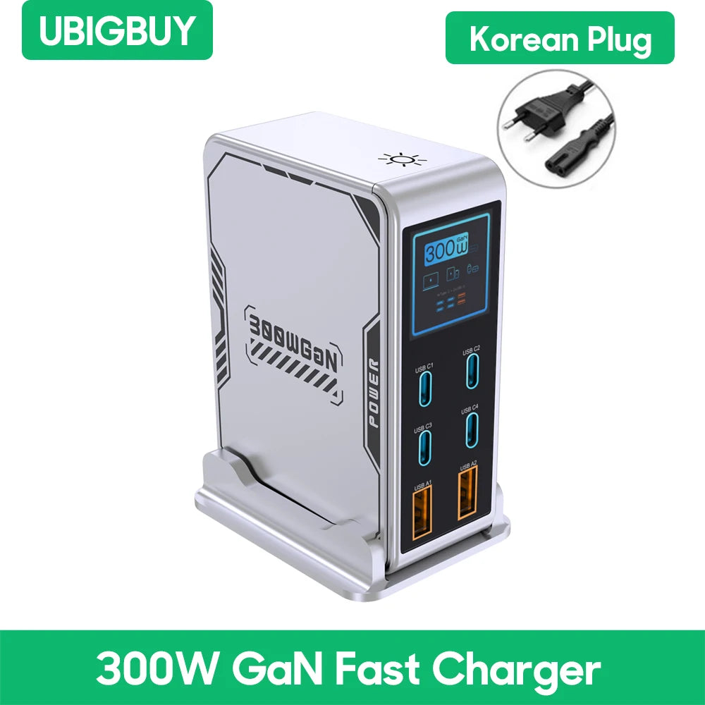 300W GaN 6-Port Desktop Fast Charger Station with Digital Display