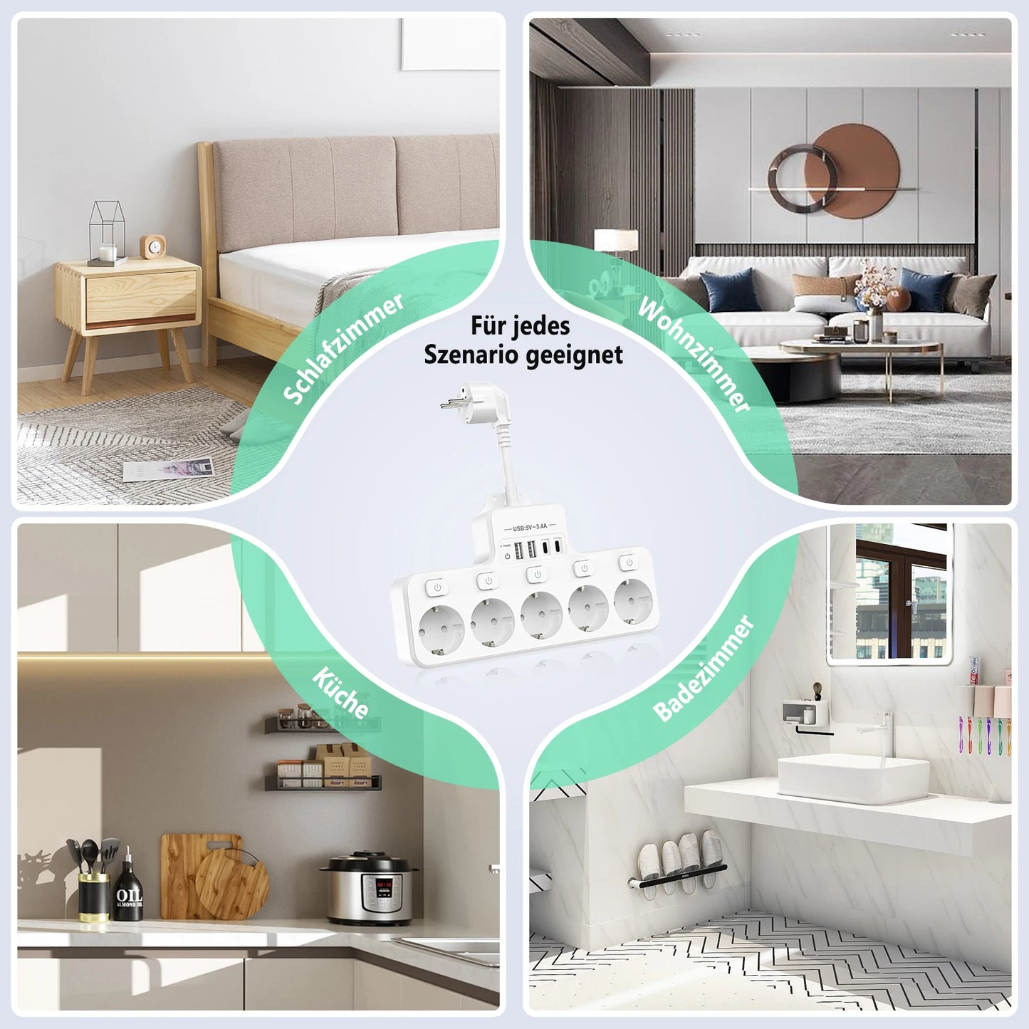 9-in-1 EU Power Strip: 5 AC Outlets & 4 USB Fast Charging Ports