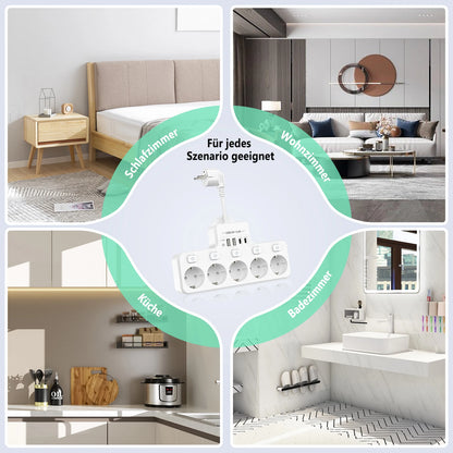 9-in-1 EU Power Strip: 5 AC Outlets & 4 USB Fast Charging Ports