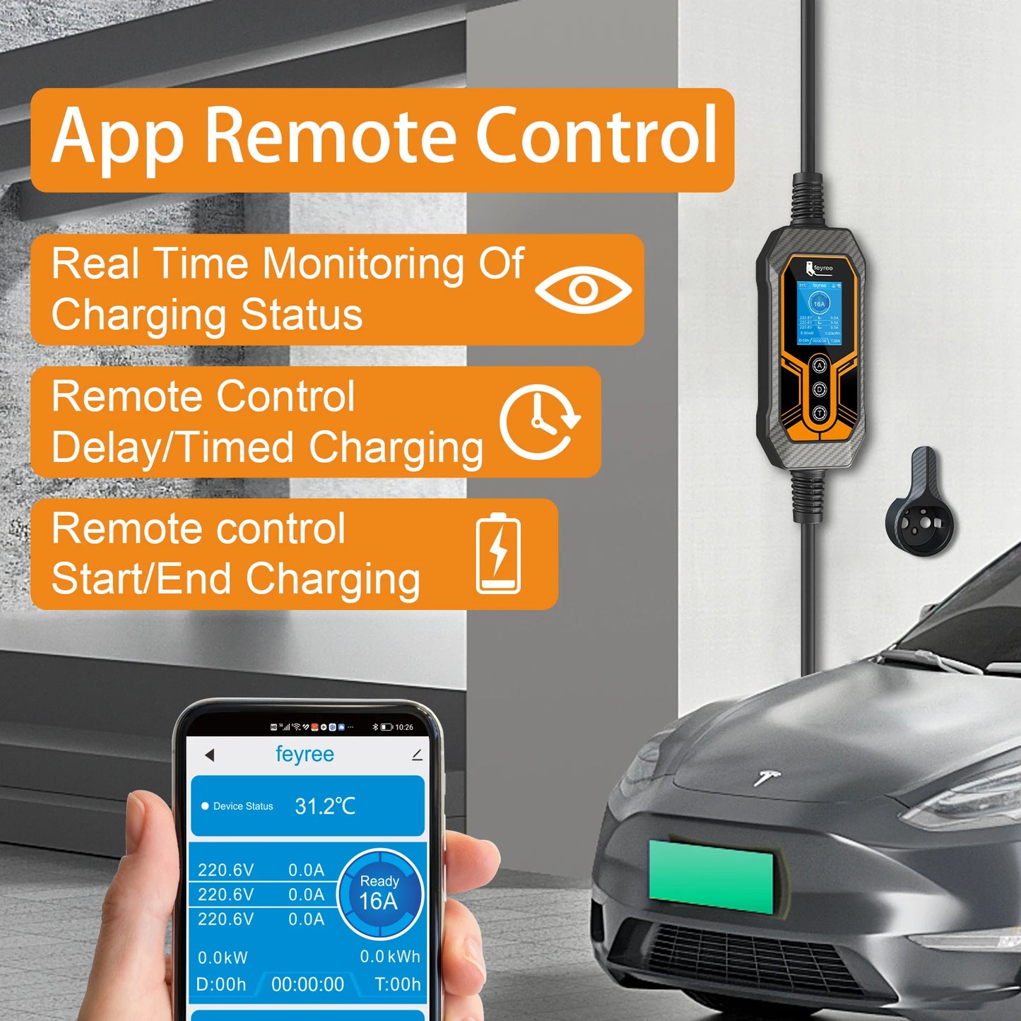 11kW Type 2 Portable EV Charger - 16A 3-Phase Smart App Control 5m Cable