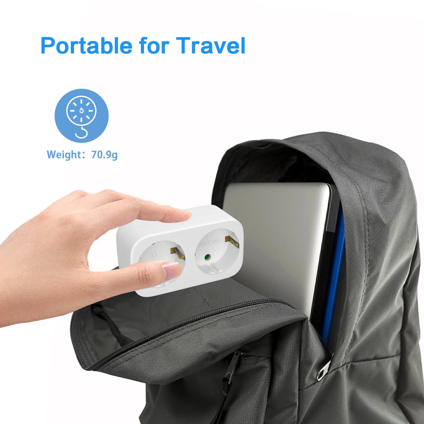 European 2-Way Wall Socket Adapter 16A 3680W Compact Travel Power Plug
