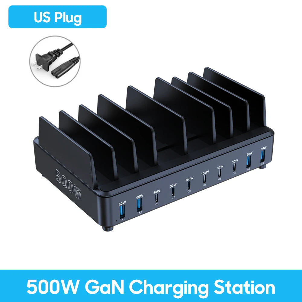 500W 10-Port GaN USB-C Charging Station for Laptops & Mobile Devices - 22
