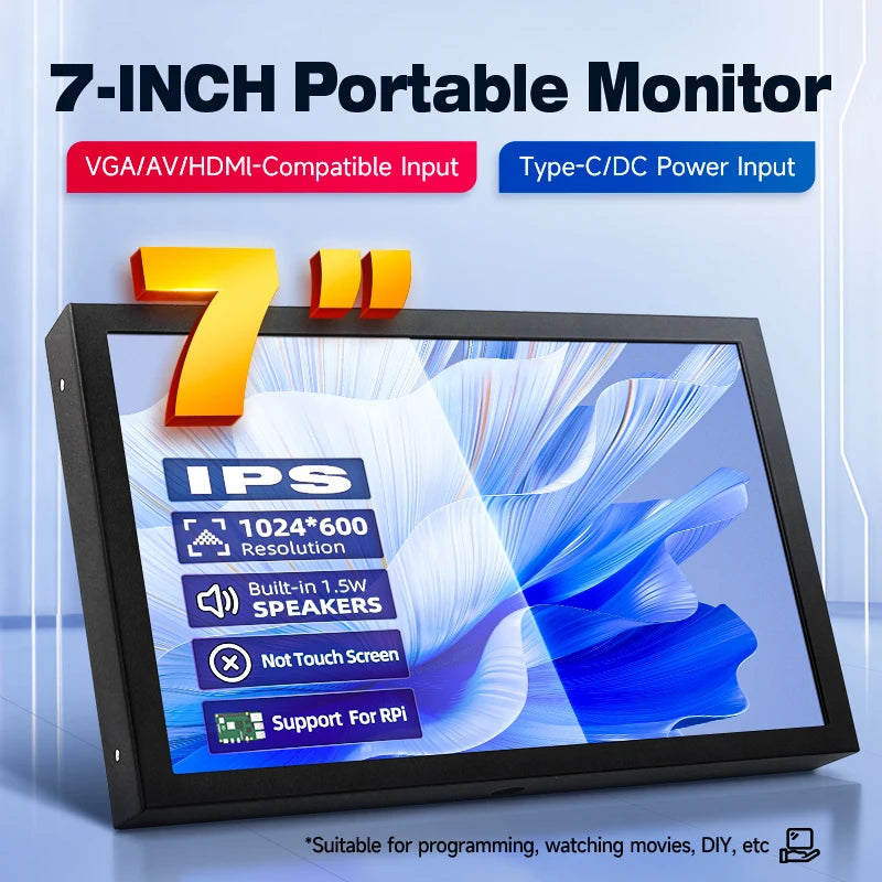 7-Inch Portable IPS Monitor 1024x600 HDMI VGA Display with Metal Holder - 7