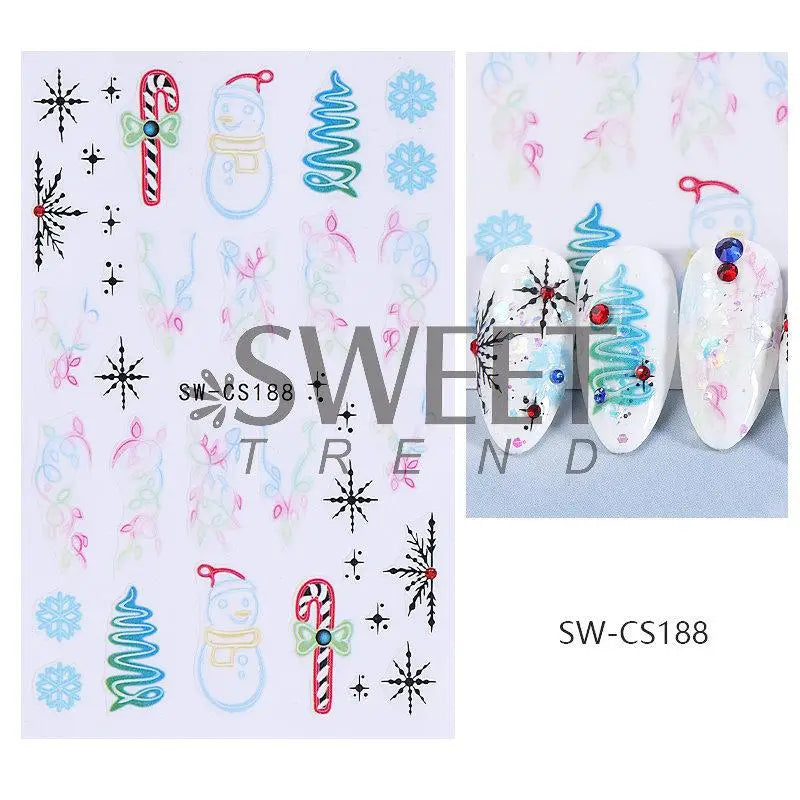 3D Christmas Nail Art Stickers - Festive Snowman & Snowflake Manicure Decals - 70