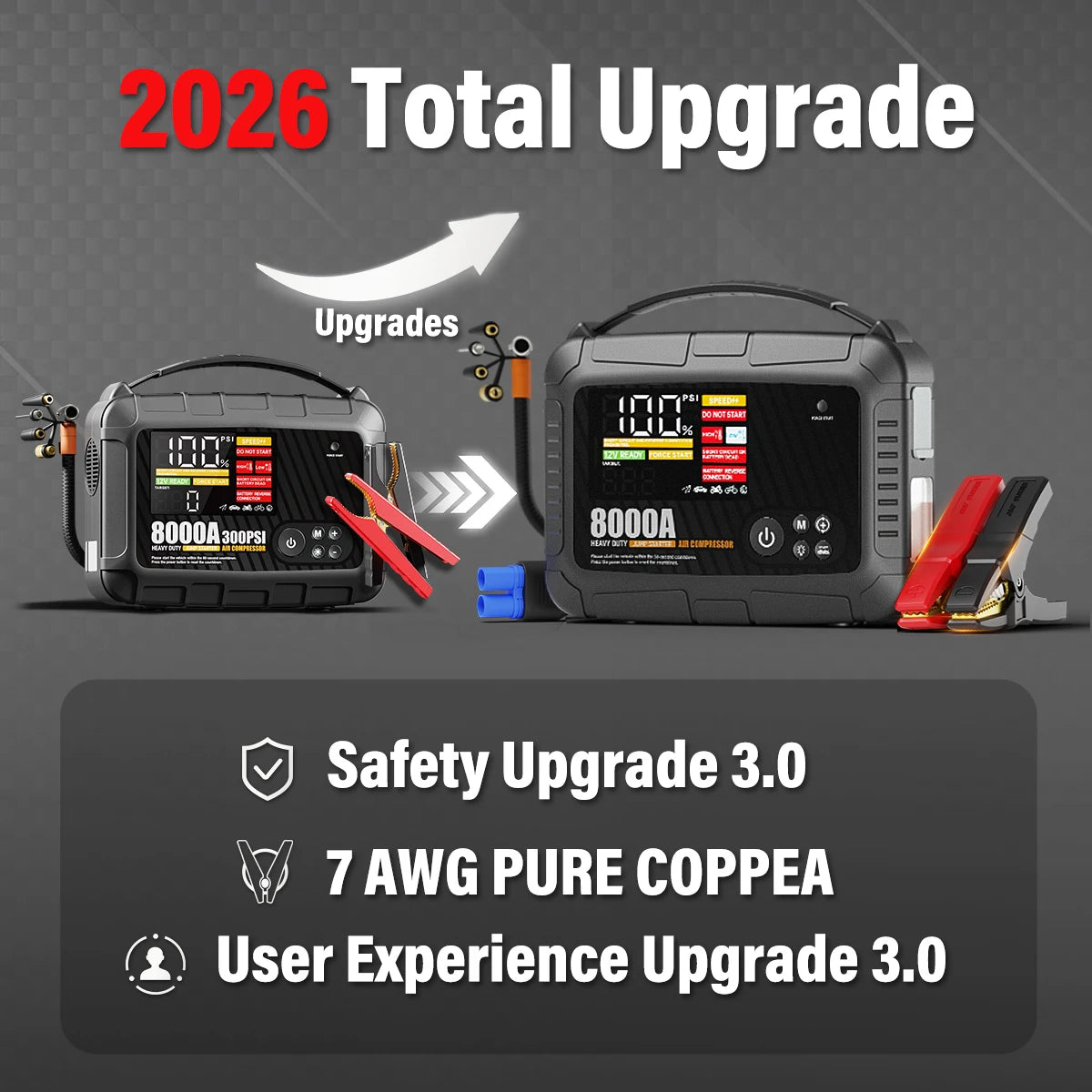 8000A Portable Car Jump Starter with Built-in Tire Air Compressor