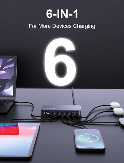 175W GaN USB-C Desktop Charger - 6-Port Fast Charging Station with LCD