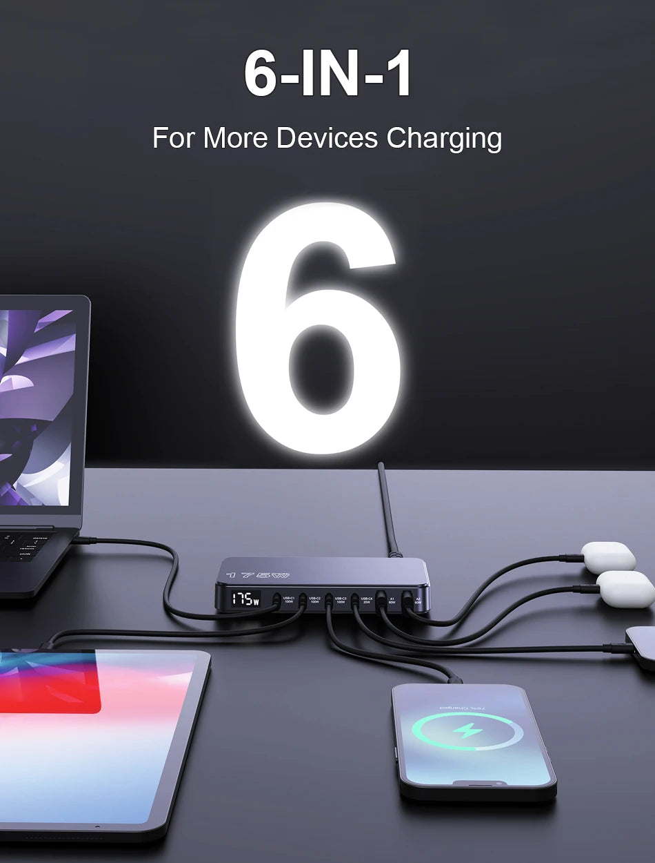 175W GaN 6-Port USB-C Desktop Fast Charger with LED Digital Display