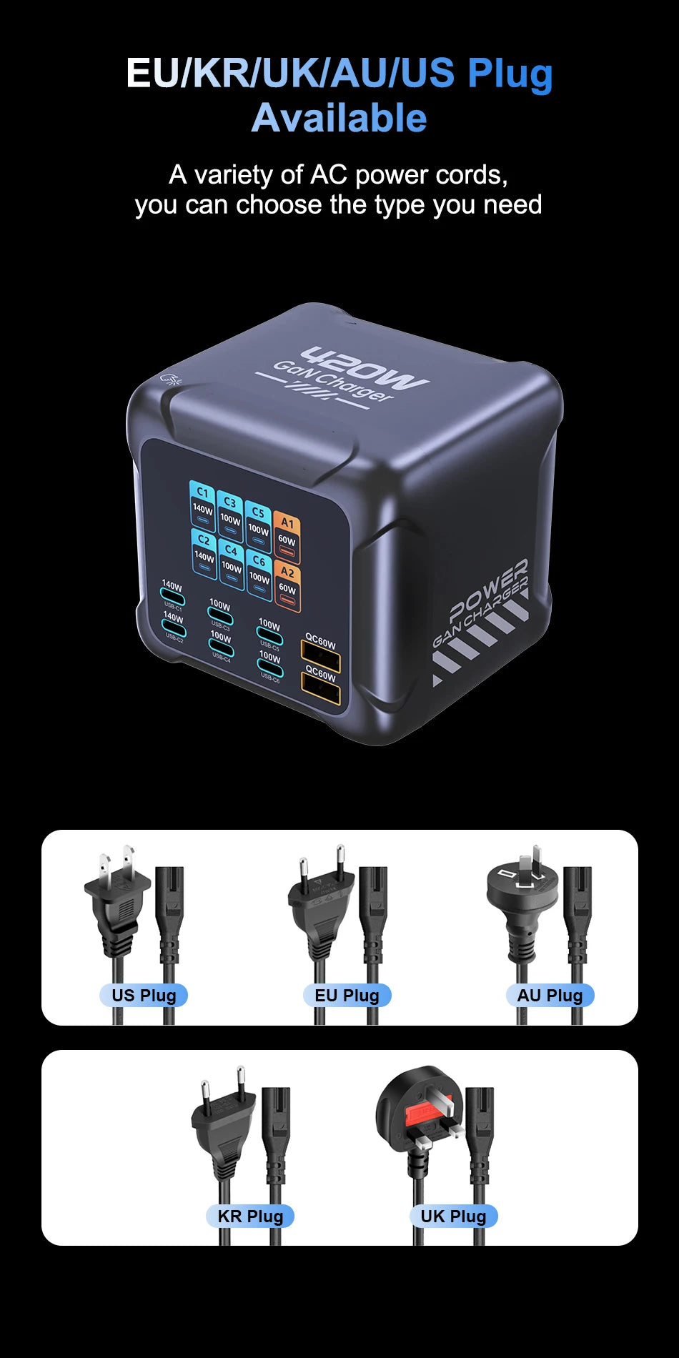 300W GaN 6-Port Desktop Fast Charger Station with Digital Display