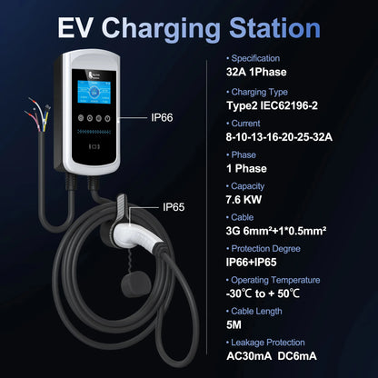 Type 2 EV Wallbox Charger - 22kW Smart Home EVSE with Dynamic Load Balancing
