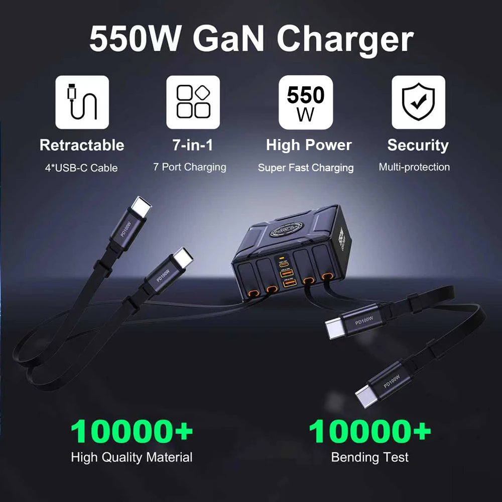550W 7-in-1 GaN Fast Charging Station with 4 Built-in Retractable Cables